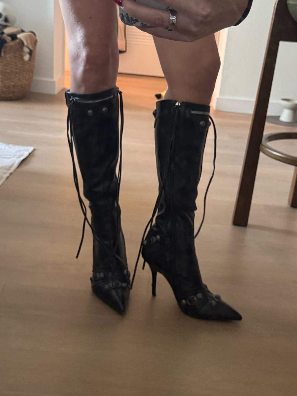 Black Lace-Up Knee-High Stiletto Boots - Women